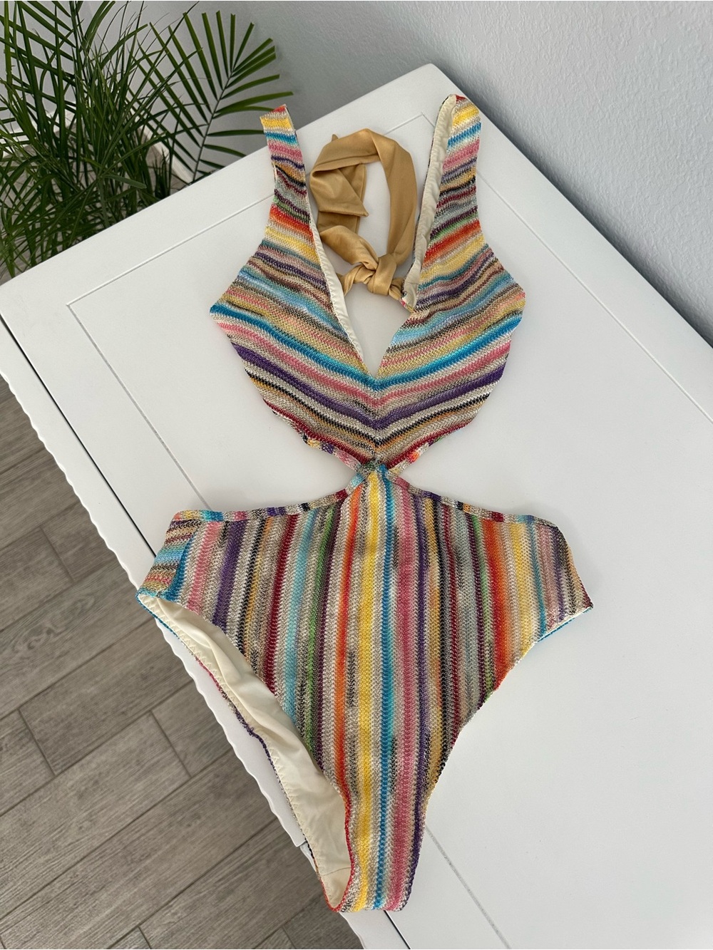 Italian Missoni Multicolor Striped One-Piece bodysuit with Gold Tie Detail